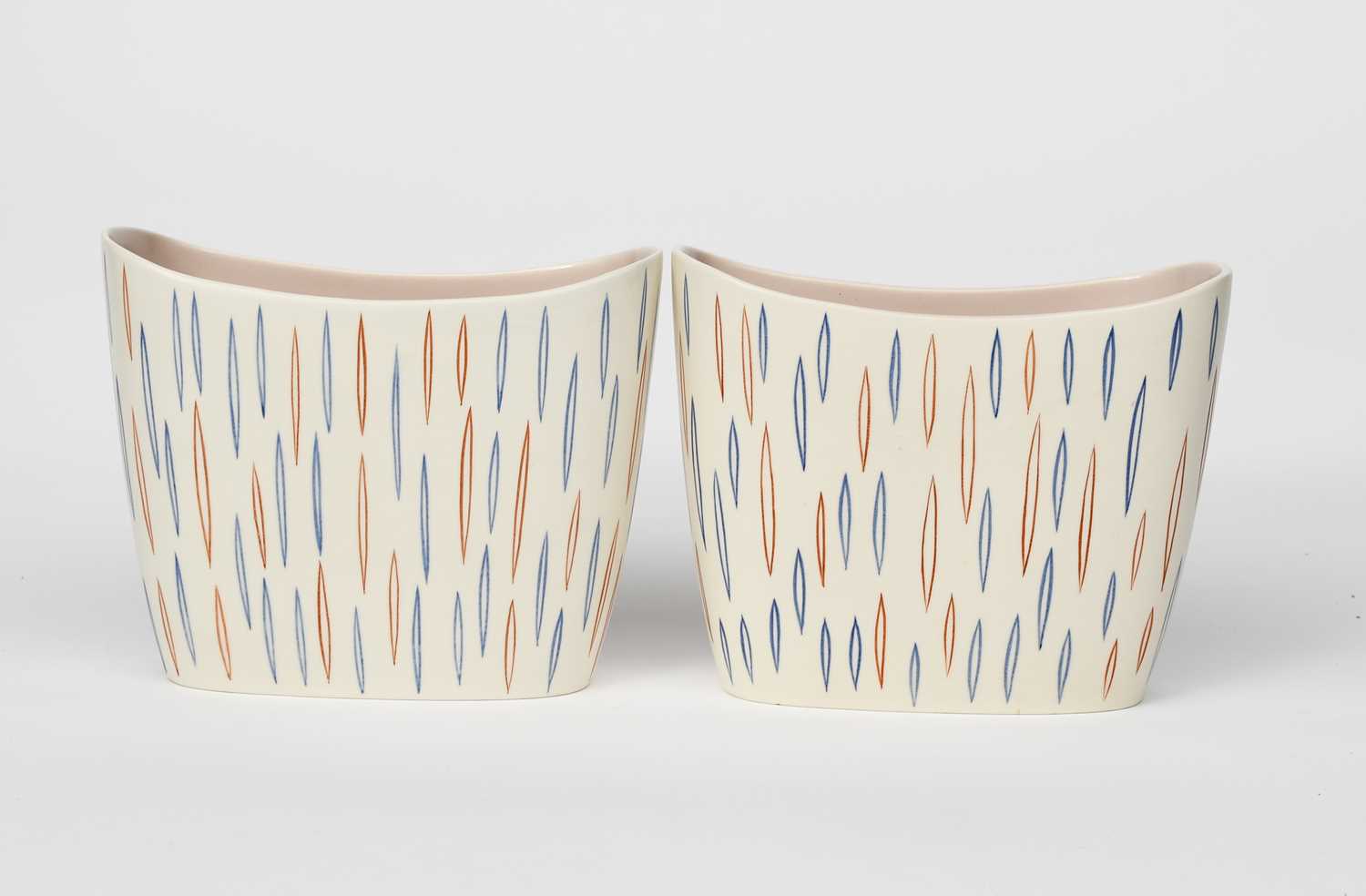 A pair of Poole Pottery Contemporary vases designed by Alfred Read, pattern X/PV, painted with red