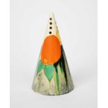 'Delecia Citrus' a Clarice Cliff Bizarre Conical sugar sifter, painted in colours printed factory