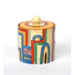 'Tennis' a Clarice Cliff Bizarre Cylindrical preserve pot and cover, painted in colours printed