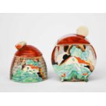 'Forest Glen' a Clarice Cliff small Beehive Preserve pot and cover, painted in colours, and a