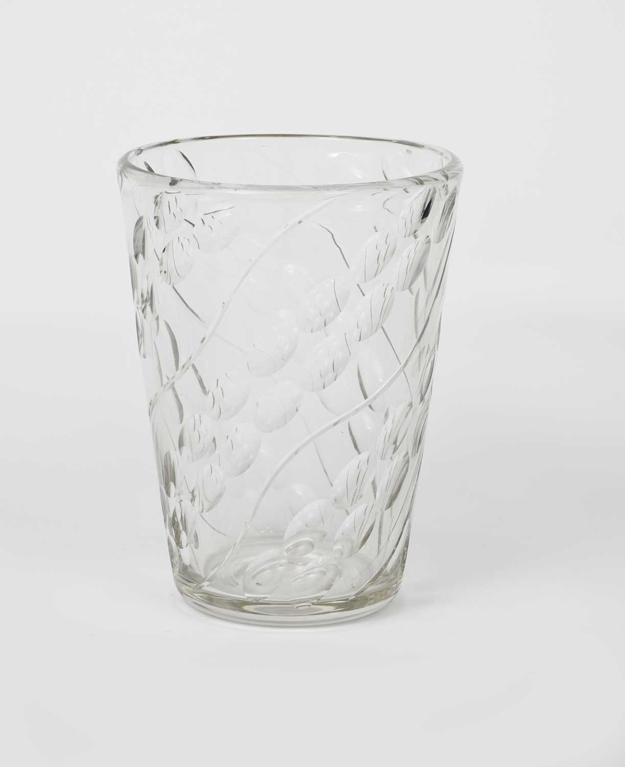 A tall Powell Whitefriars glass vase by James Powell, flaring cylindrical form, cut with wavy