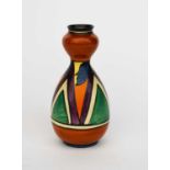 'Double V' an unusual Clarice Cliff Bizarre vase, shape no.13, painted in colours inside brown and