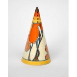 'Autumn' a Clarice Cliff Fantasque Bizarre Conical sugar sifter, painted in shades of yellow, orange