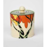 'Honolulu' a Clarice Cliff Bizarre Cylindrical preserve pot and cover, shape no.3, painted in