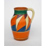 'Original Bizarre' a Clarice Cliff Bizarre Lotus jug, painted with orange, blue and purple