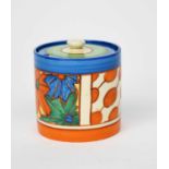 'Umbrellas and Rain' a Clarice Cliff Fantasque Bizarre cylindrical preserve pot and cover, painted