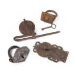 A COLLECTION OF FOUR IRON LOCKS 18TH CENTURY AND LATER of various forms including one surface