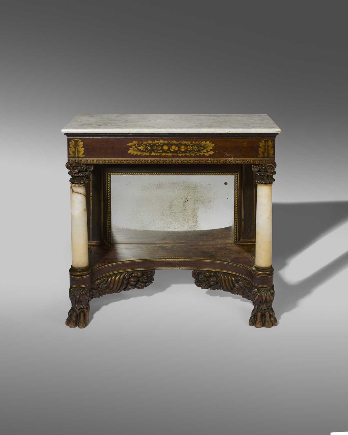 A RARE AMERICAN PAINTED WOOD AND ALABASTER CONSOLE TABLE ATTRIBUTED TO DUNCAN PHYFE (1770-1854),