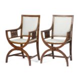 A PAIR OF EDWARDIAN MAHOGANY CURULE ARMCHAIRS EARLY 20TH CENTURY of ' X ' shape, with satinwood