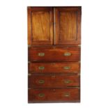 A VICTORIAN MAHOGANY CAMPAIGN SECRETAIRE LINEN PRESS MID-19TH CENTURY in three sections, the linen