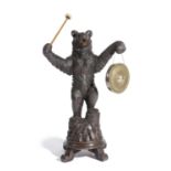 A BLACK FOREST LINDEN WOOD BEAR GONG LATE 19TH CENTURY modelled standing, mouth open, with a brass