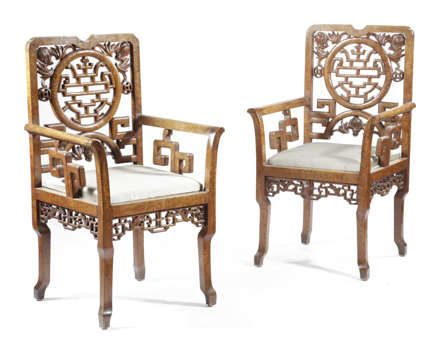 A PAIR OF CHINESE SOFTWOOD ARMCHAIRS LATE 19TH / EARLY 20TH CENTURY each with a pierced and carved
