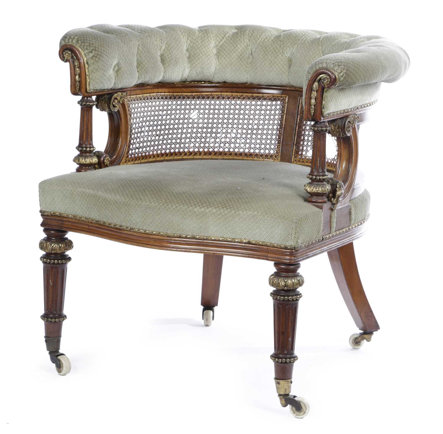 A VICTORIAN WALNUT AND ORMOLU MOUNTED DESK CHAIR IN THE MANNER OF HOLLAND & SONS, C.1860 with a