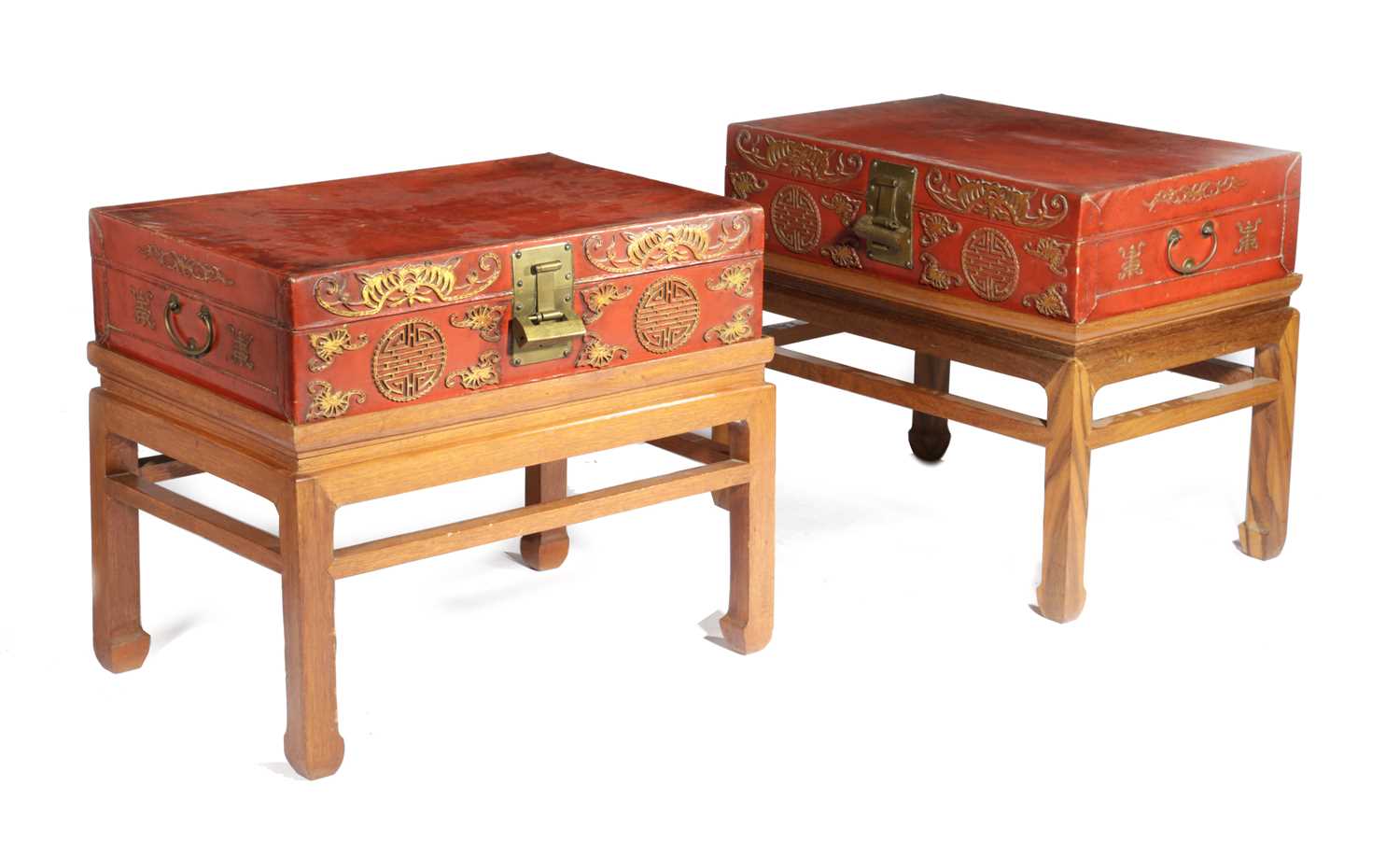 A PAIR OF CHINESE RED VELLUM CASES LATE 19TH / EARLY 20TH CENTURY each gilt decorated with - Image 2 of 2