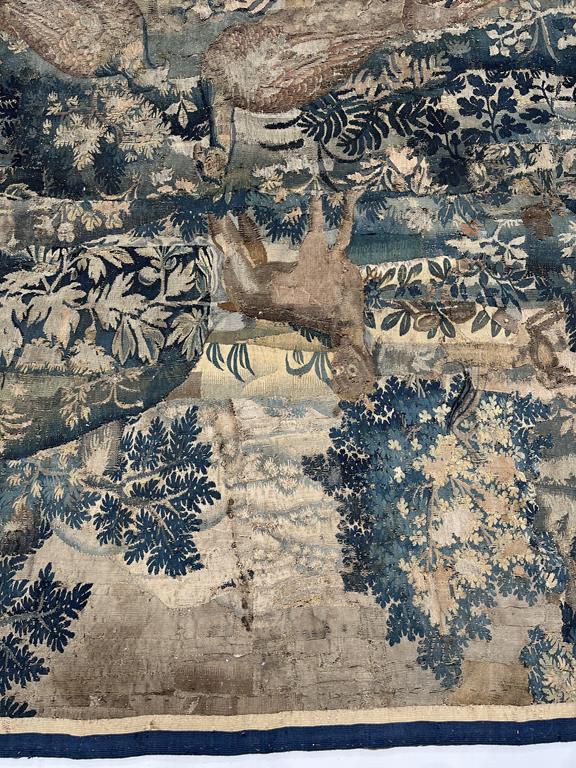 A FLEMISH VERDURE TAPESTRY 17TH CENTURY woven in silk and wool, depicting pheasants and wild - Image 12 of 12