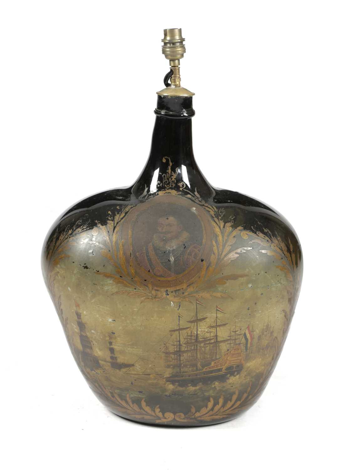 A LARGE DUTCH GREEN GLASS ONION BOTTLE C.1700 painted with an oval portrait of Admiral Piet