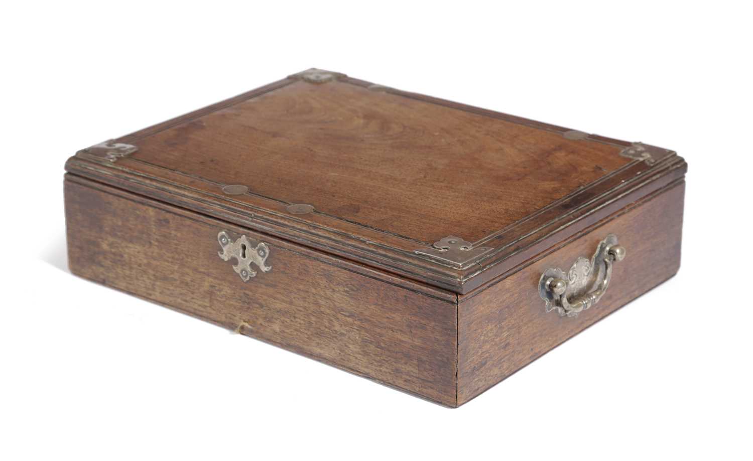 AN ANGLO-CHINESE HARDWOOD AND WHITE METAL MOUNTED BOX AND COVER LATE 18TH CENTURY possibly padouk,