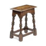 AN OAK JOINT STOOL IN ELIZABETH I STYLE, 20TH CENTURY on fluted and cabochon decorated legs 56.2cm