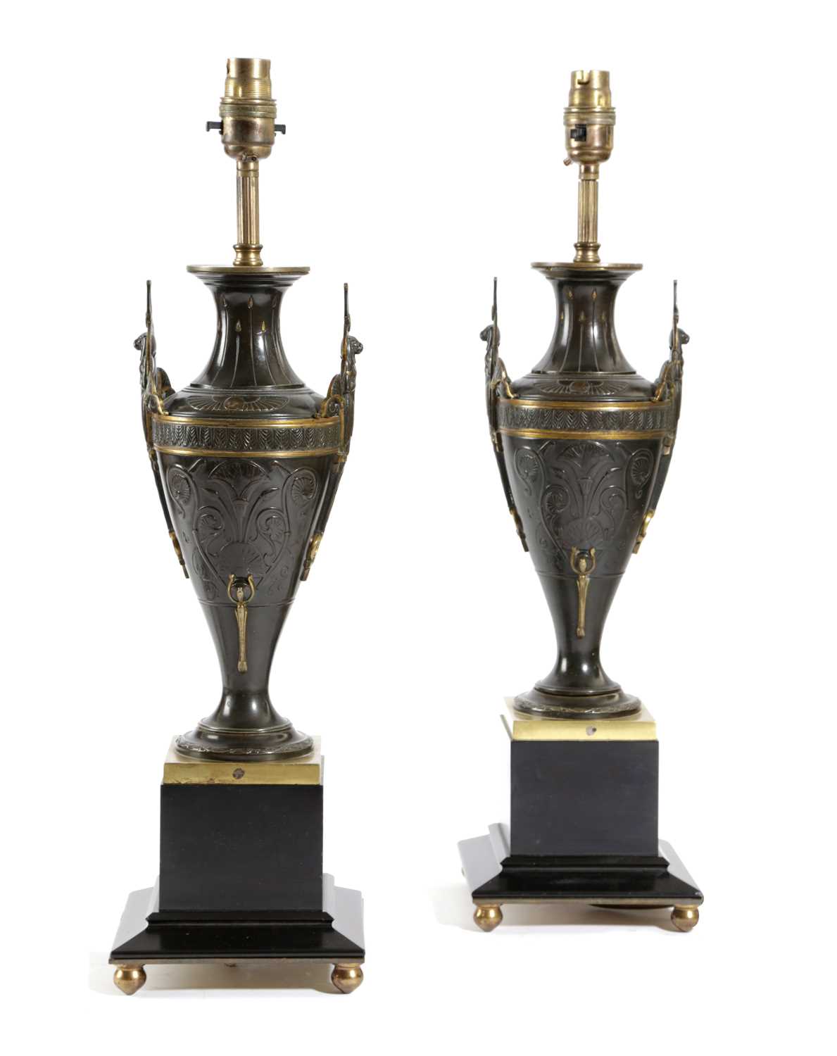 A PAIR OF FRENCH BRONZE AND PARCEL GILT VASE TABLE LAMPS IN EGYPTIAN REVIVAL STYLE, C.1870-80 each
