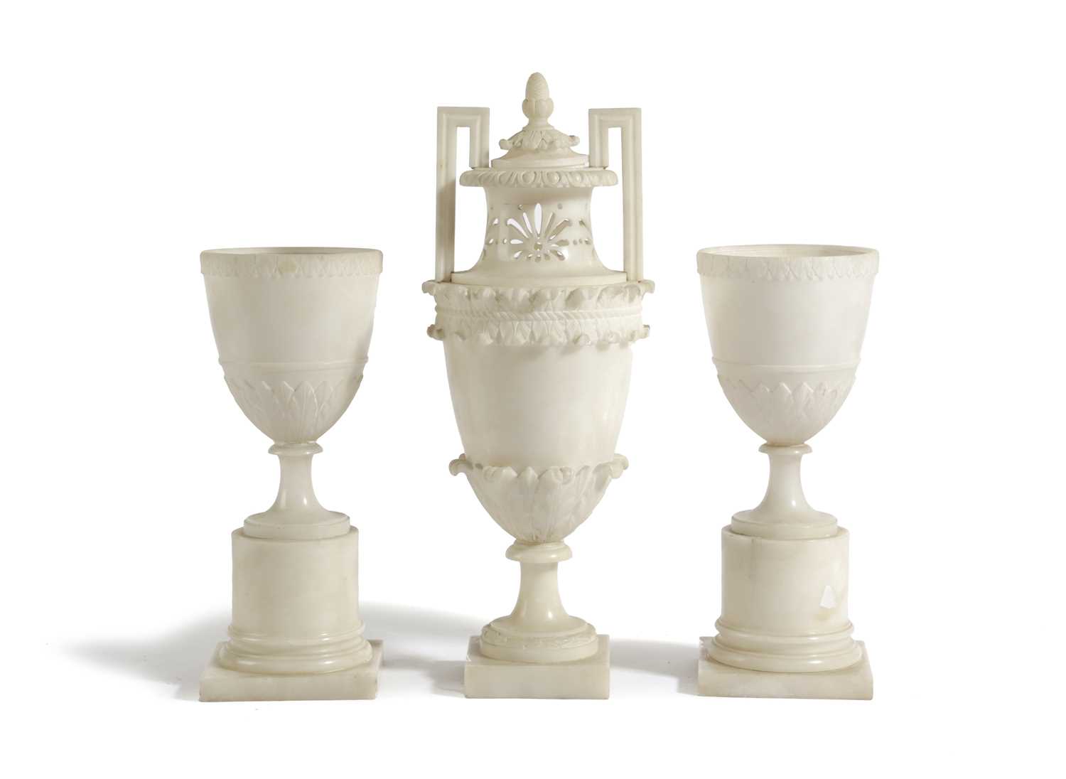 A PAIR OF ITALIAN ALABASTER GRAND TOUR URNS LATE 19TH / EARLY 20TH CENTURY the tapering bodies
