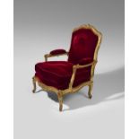 A FRENCH LOUIS XV GILTWOOD FAUTEUIL BY BLAISE MAUCUY (1729-1798) C.1760 the padded back, seat and