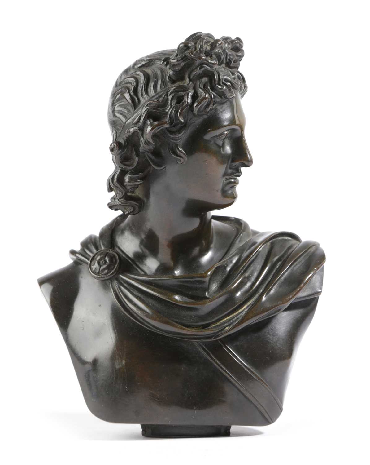 AN ITALIAN BRONZE GRAND TOUR BUST OF APOLLO BELVEDERE AFTER THE ANTIQUE, LATE 19TH CENTURY with a