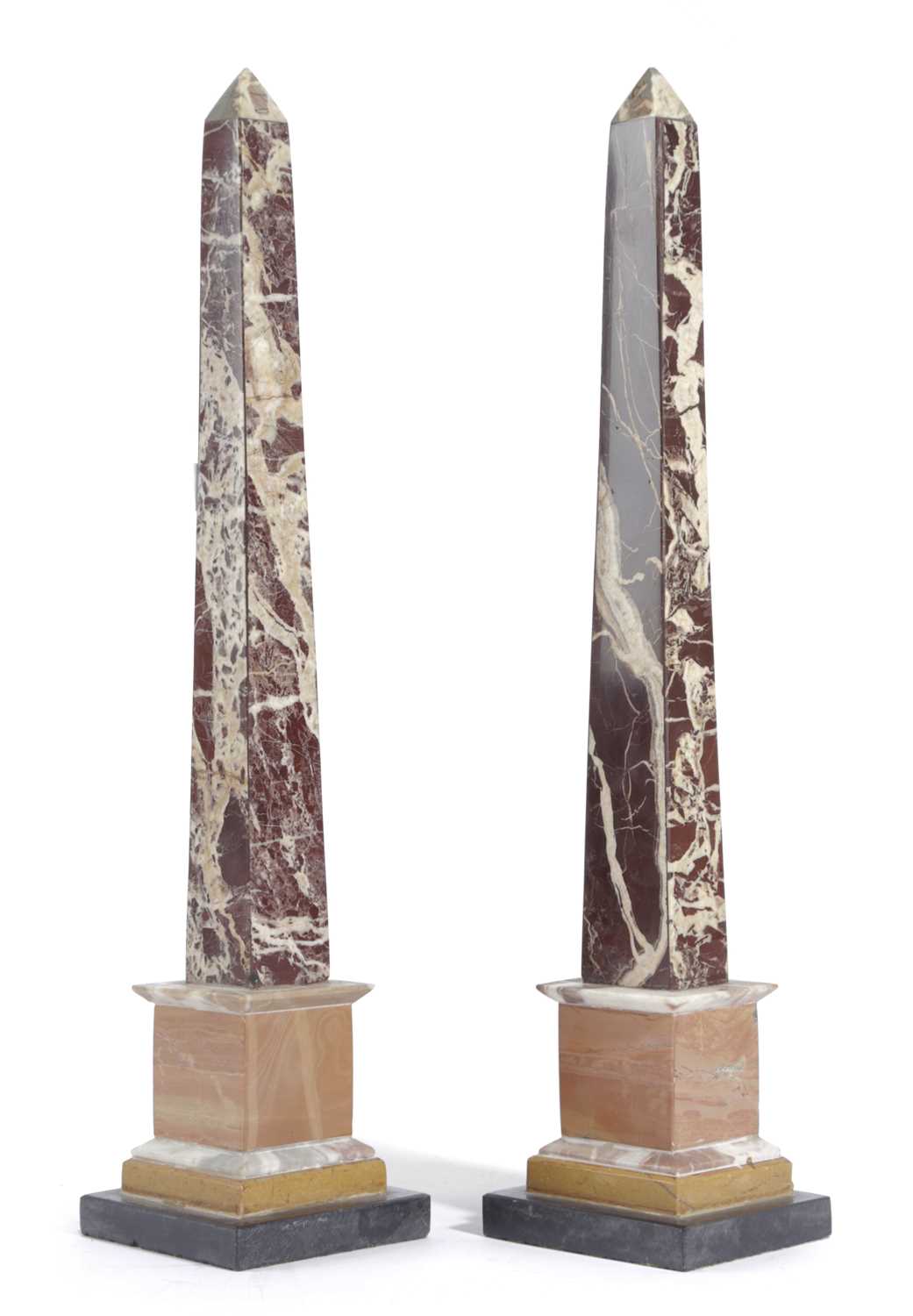 A PAIR OF ITALIAN MARBLE GRAND TOUR OBELISKS LATE 19TH / EARLY 20TH CENTURY of six different marbles