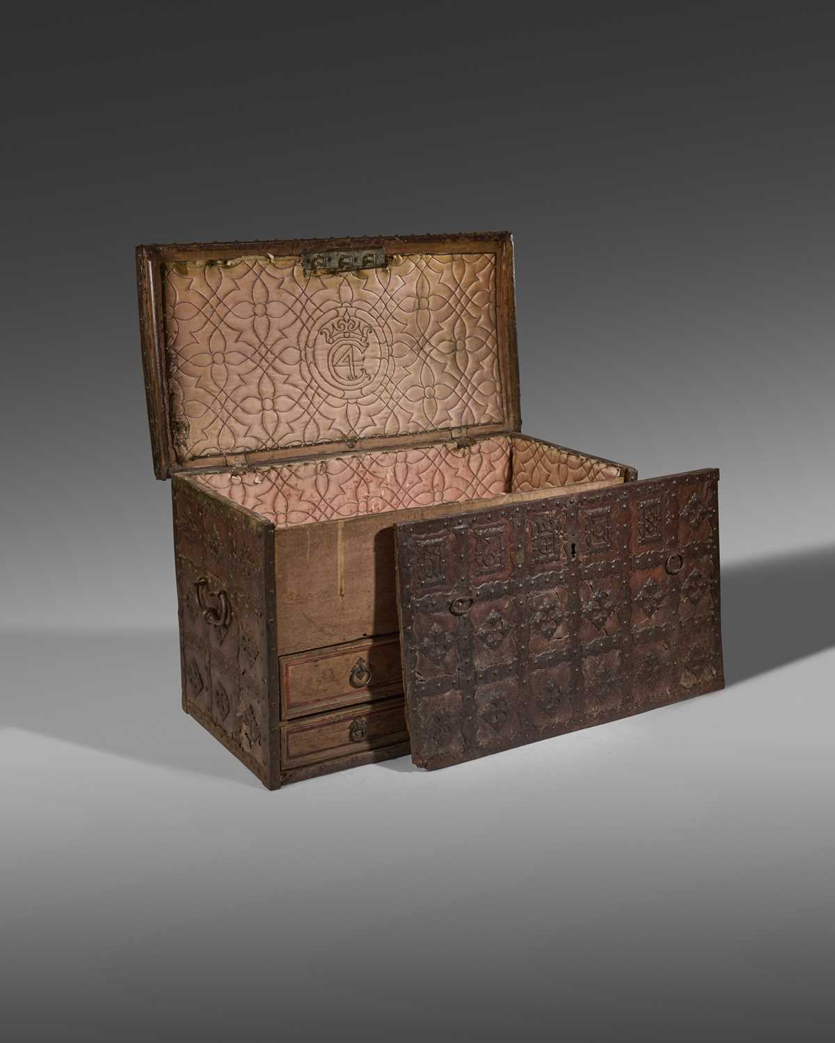 A RARE DANISH CHRISTIAN IV ROYAL BALTIC OAK LEATHER AND IRON BOUND CHEST DATED '1608' the slightly - Image 2 of 2