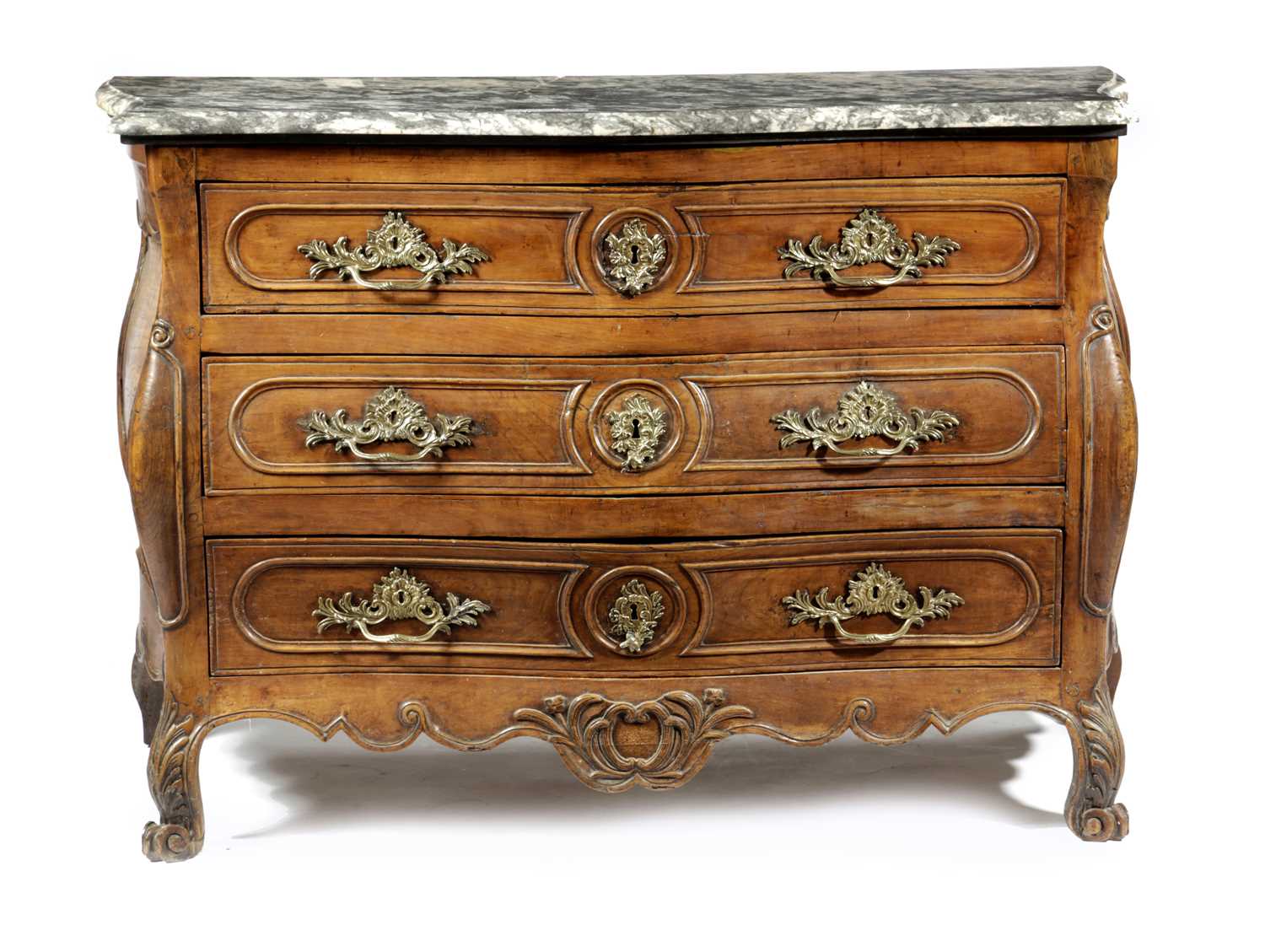 A FRENCH LOUIS XV CHERRYWOOD SERPENTINE BOMBE COMMODE C.1760-70 the grey and pink mottled marble top