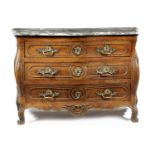 A FRENCH LOUIS XV CHERRYWOOD SERPENTINE BOMBE COMMODE C.1760-70 the grey and pink mottled marble top