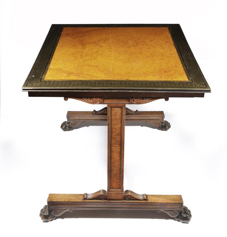 A FINE REGENCY BURR OAK AND BRASS MARQUETRY LIBRARY TABLE ATTRIBUTED TO GEORGE BULLOCK, C.1815 the - Image 3 of 4