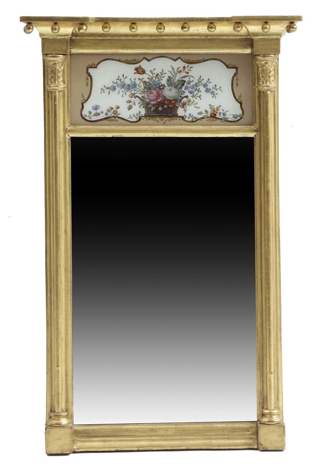 A REGENCY GILTWOOD PIER MIRROR EARLY 19TH CENTURY the rectangular plate flanked by cluster