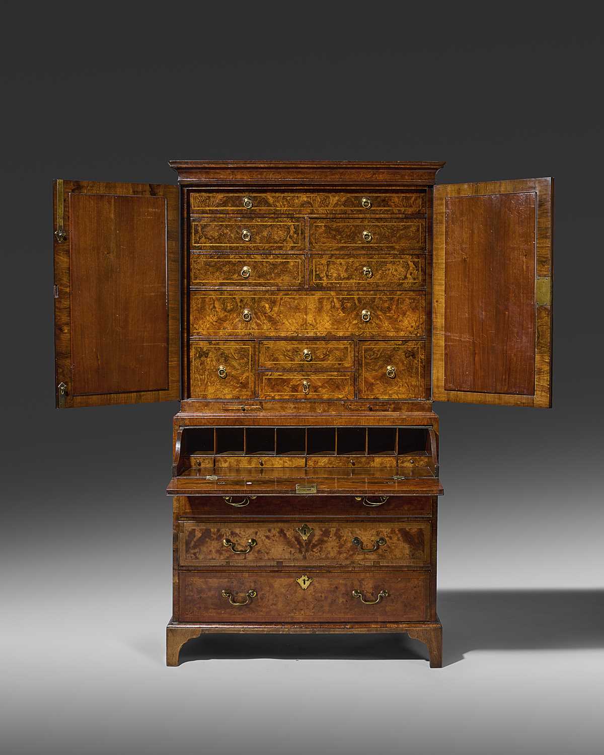 A GEORGE II BURR WALNUT AND WALNUT SECRETAIRE CABINET ON CHESTC.1730with cross and feather - Image 3 of 64