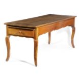 A FRENCH CHERRYWOOD FARMHOUSE KITCHEN TABLE 19TH CENTURY with a frieze drawer to either end, one