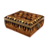 λ A REGENCY TUNBRIDGE WARE AND ROSEWOOD SEWING BOX EARLY 19TH CENTURY of sarcophagus form, the cover