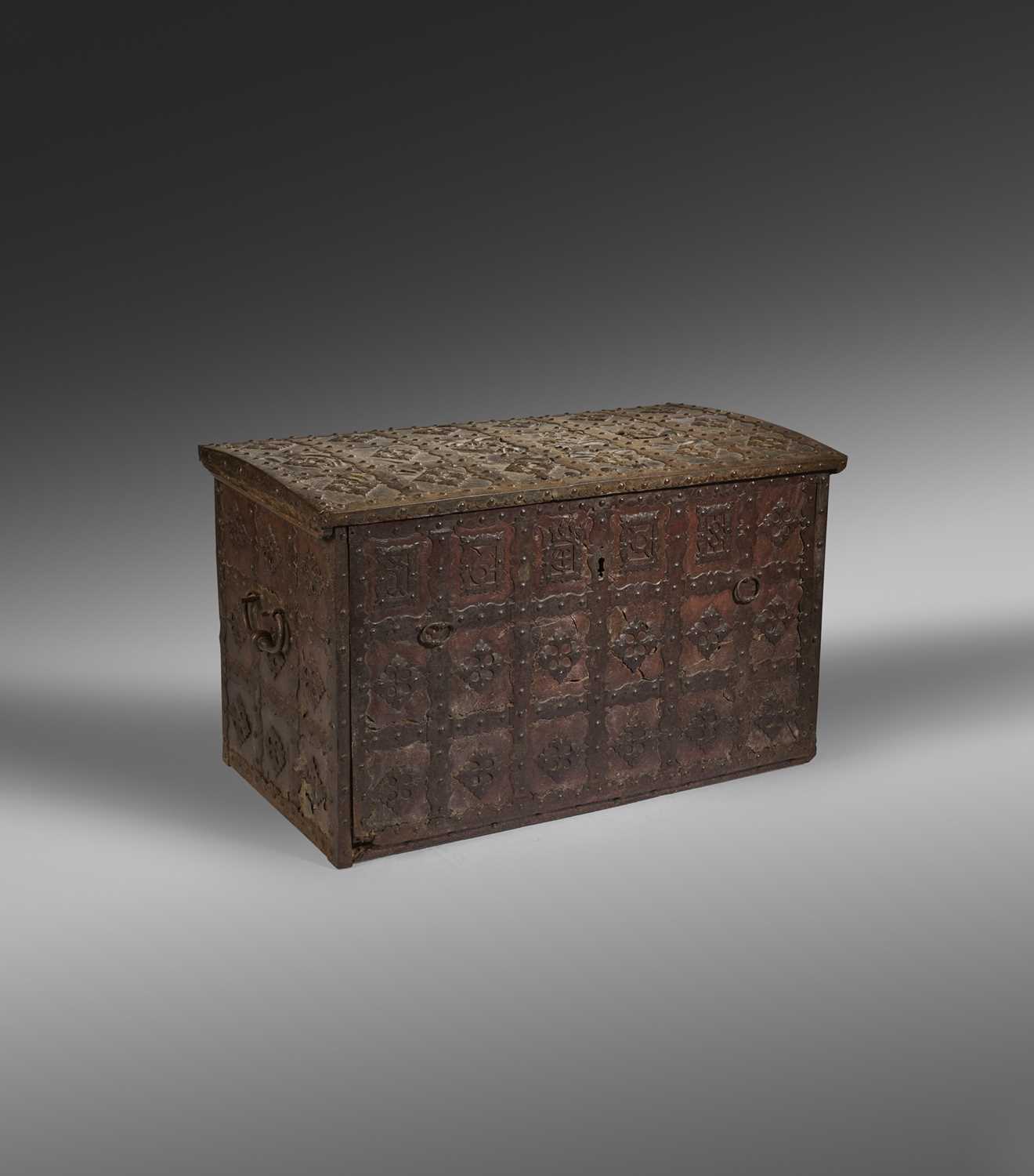 A RARE DANISH CHRISTIAN IV ROYAL BALTIC OAK LEATHER AND IRON BOUND CHEST DATED '1608' the slightly