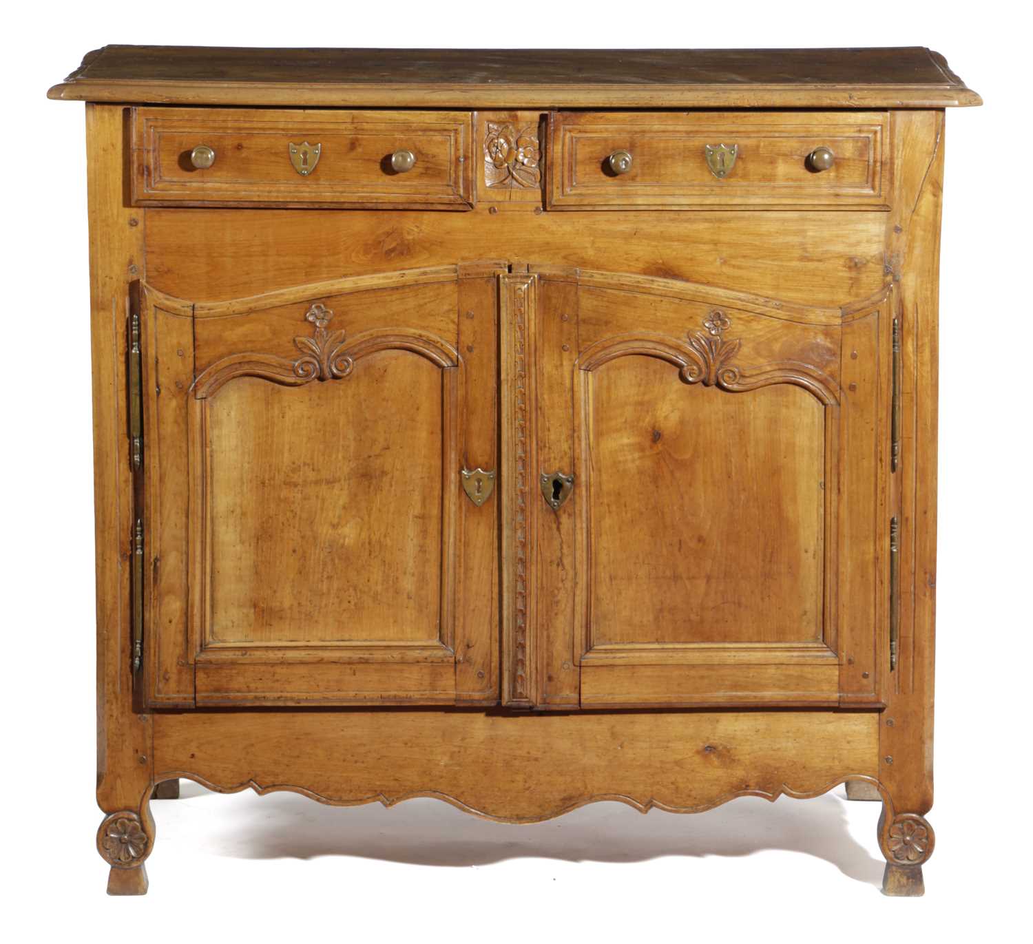 A FRENCH CHERRYWOOD BUFFET LATE 18TH / EARLY 19TH CENTURY carved with leaves and flowers, with a