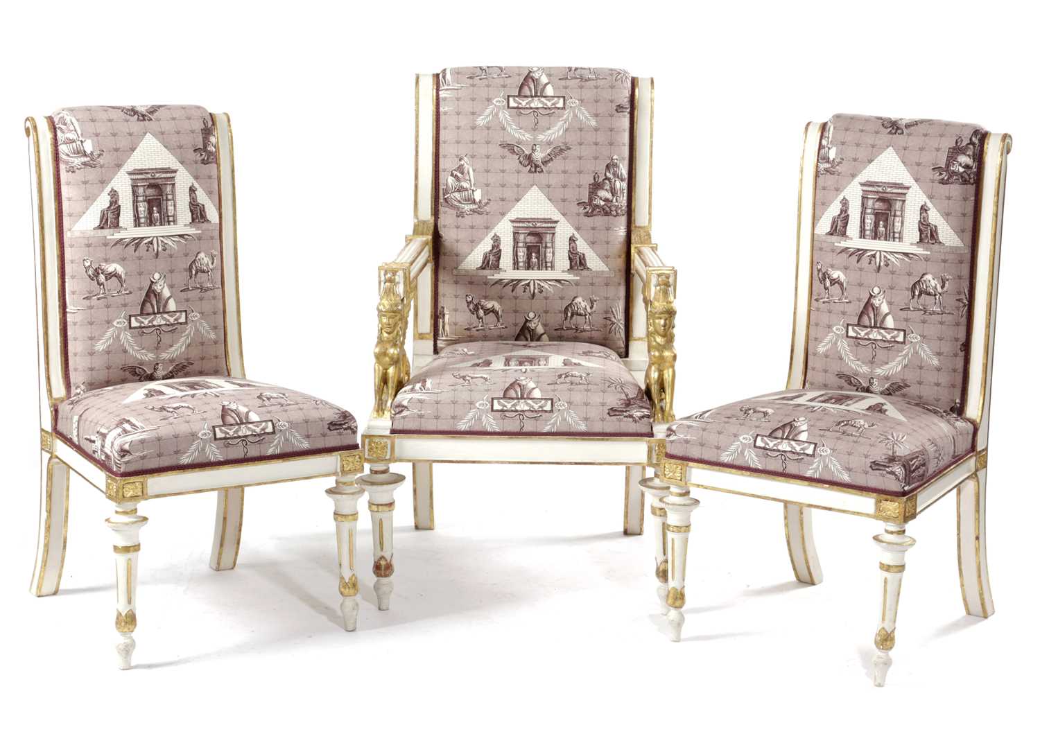 AN ITALIAN PAINTED AND PARCEL GILT SALON SUITE IN EGYPTIAN REVIVAL STYLE, LATE 19TH / EARLY 20TH - Image 2 of 4