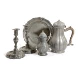 A SMALL COLLECTION OF DANISH PEWTER 18TH CENTURY comprising: a melon fluted coffee pot, stamped 'AF.