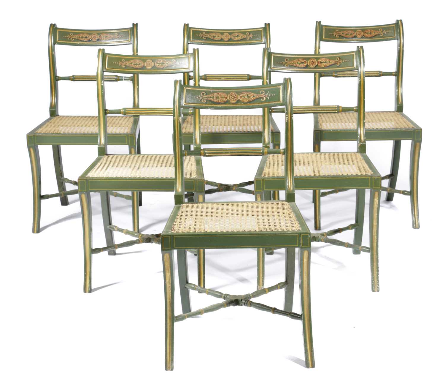 A SET OF SIX REGENCY GREEN PAINTED AND PARCEL-GILT DINING CHAIRS EARLY 19TH CENTURY each with a