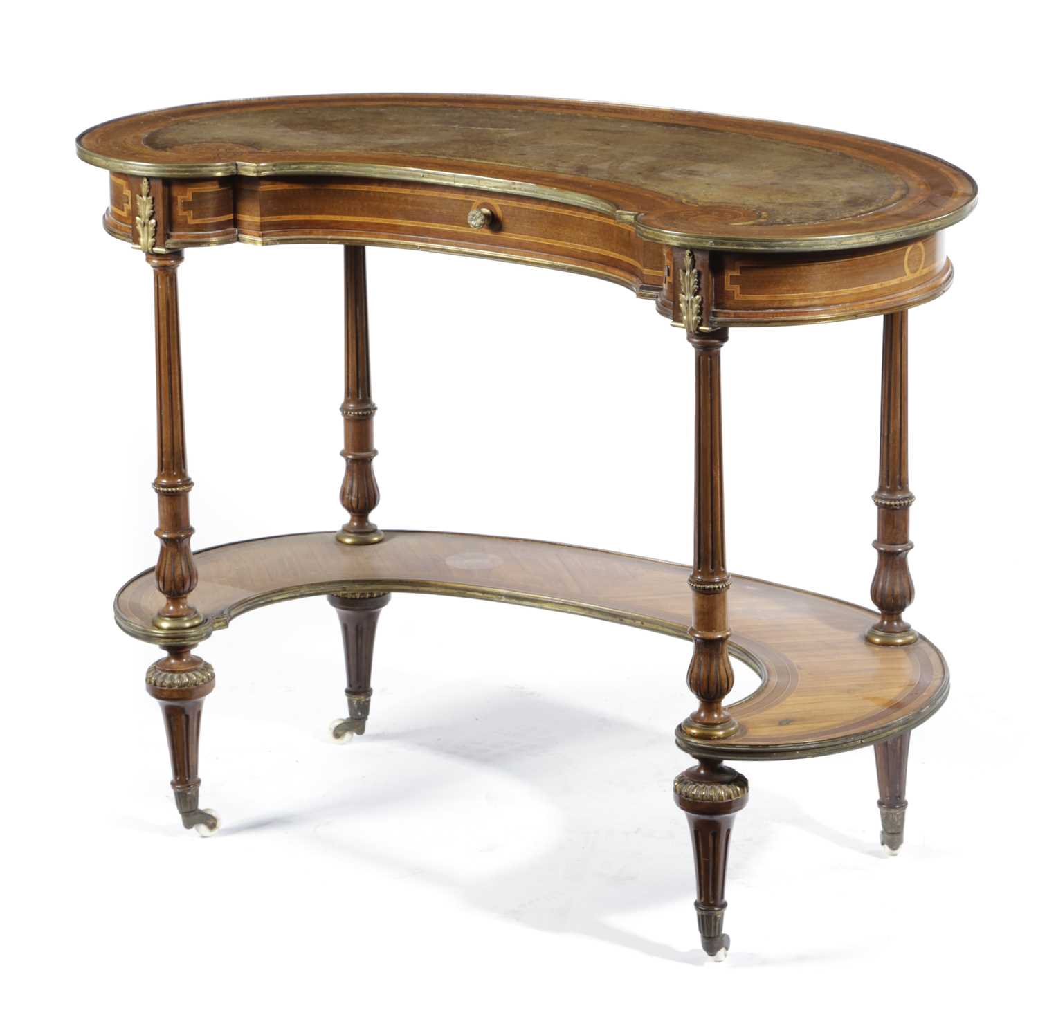 A VICTORIAN WALNUT AND MARQUETRY KIDNEY SHAPE WRITING TABLE IN MANNER OF HOLLAND & SONS, C.1880 with