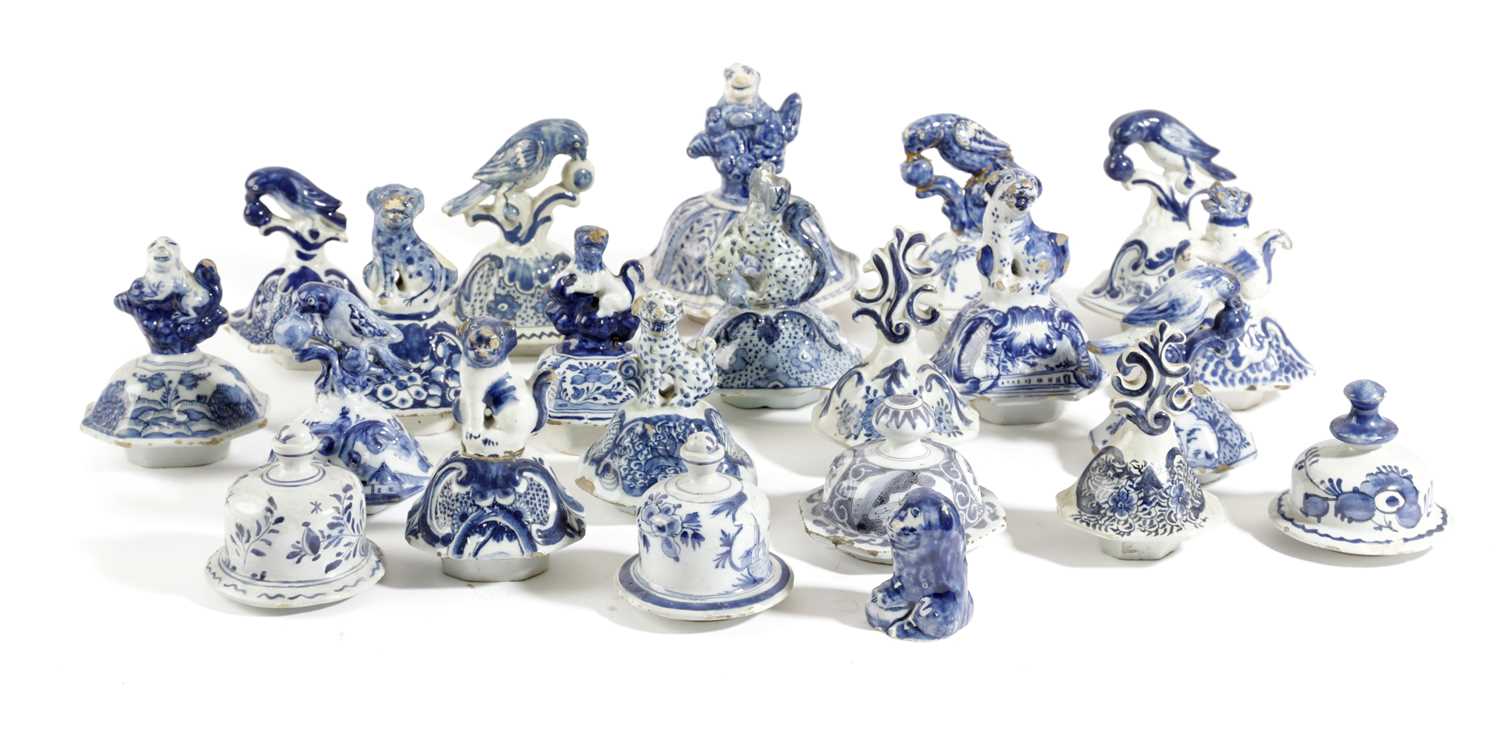 A COLLECTION OF DUTCH DELFT VASE COVERS 18TH / 19TH CENTURY blue and white, in various forms, with