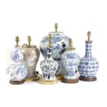 FOUR DUTCH DELFT VASE TABLE LAMPS 19TH CENTURY to include: double gourd, inverted baluster and