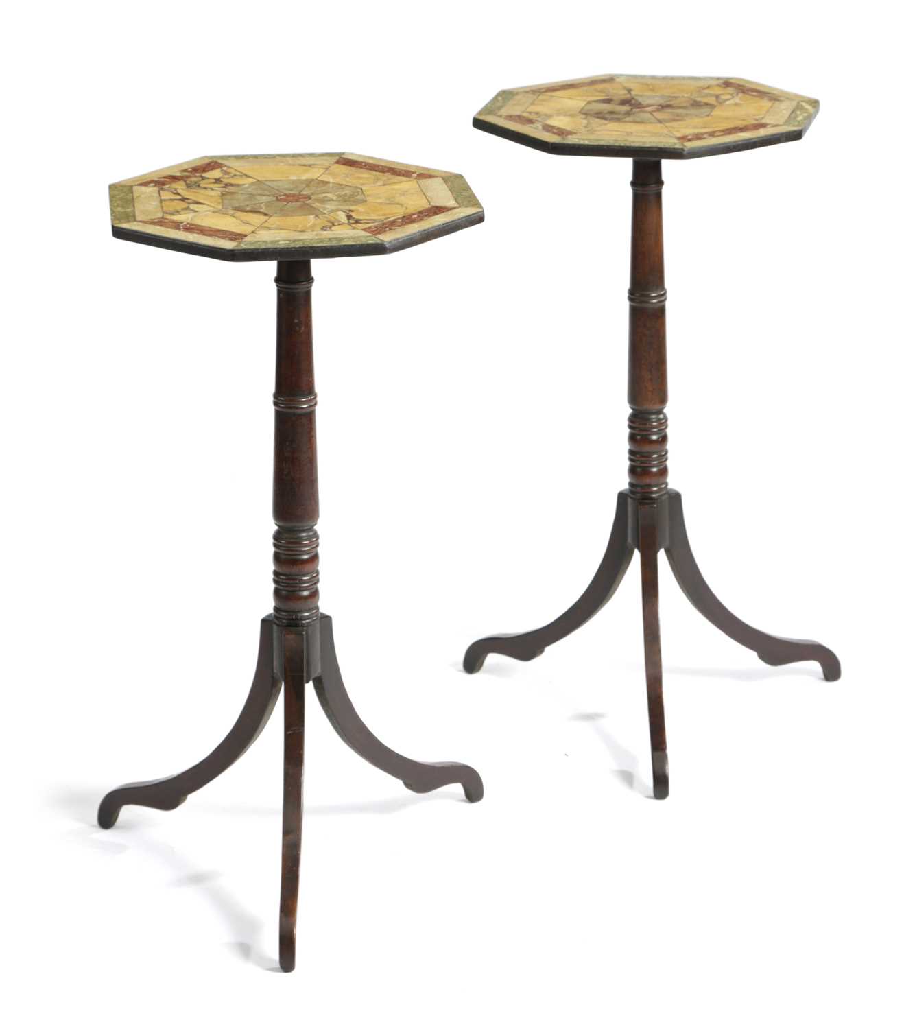 A PAIR OF FAUX MARBLE TOPPED OCCASIONAL TABLES IN REGENCY STYLE, EARLY 19TH CENTURY AND LATER each