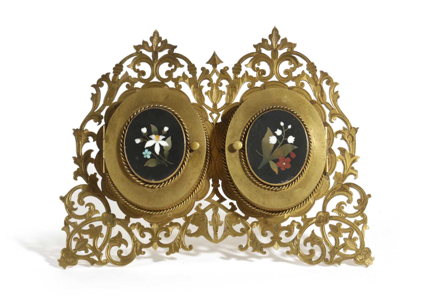 A VICTORIAN PIETRA DURA AND GILT METAL PHOTOGRAPH FRAME C.1870 with a pair of oval frames, the