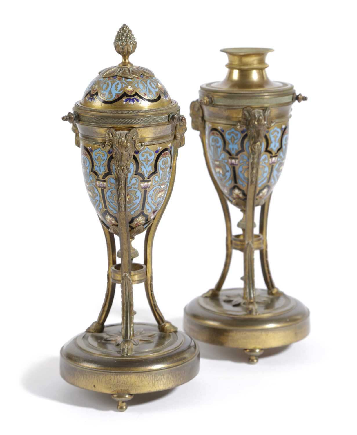 A PAIR OF FRENCH GILT BRONZE AND CHAMPLEVE ENAMEL CASSOLETTES IN LOUIS XVI STYLE, LATE 19TH