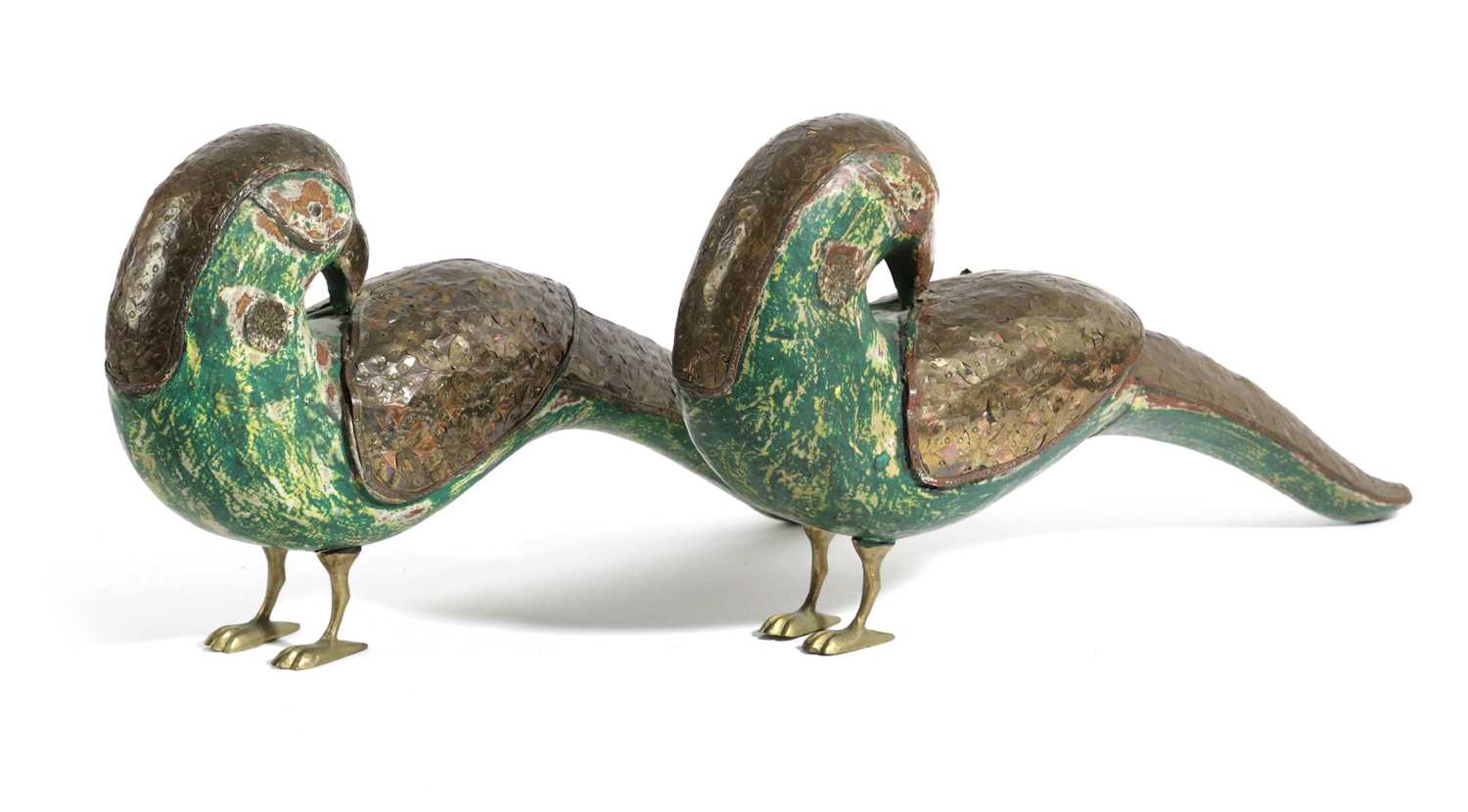 A PAIR OF INDIAN PAINTED WOOD AND METAL MOUNTED BIRDS LATE 19TH / EARLY 20TH CENTURY modelled