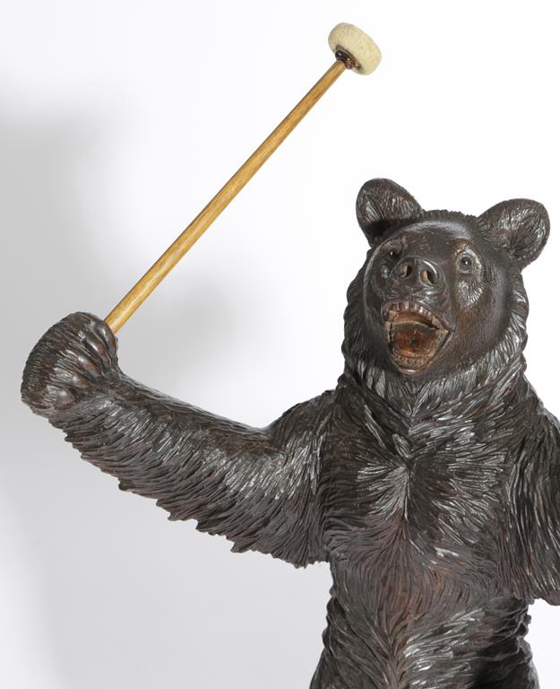 A BLACK FOREST LINDEN WOOD BEAR GONG LATE 19TH CENTURY modelled standing, mouth open, with a brass - Image 2 of 2