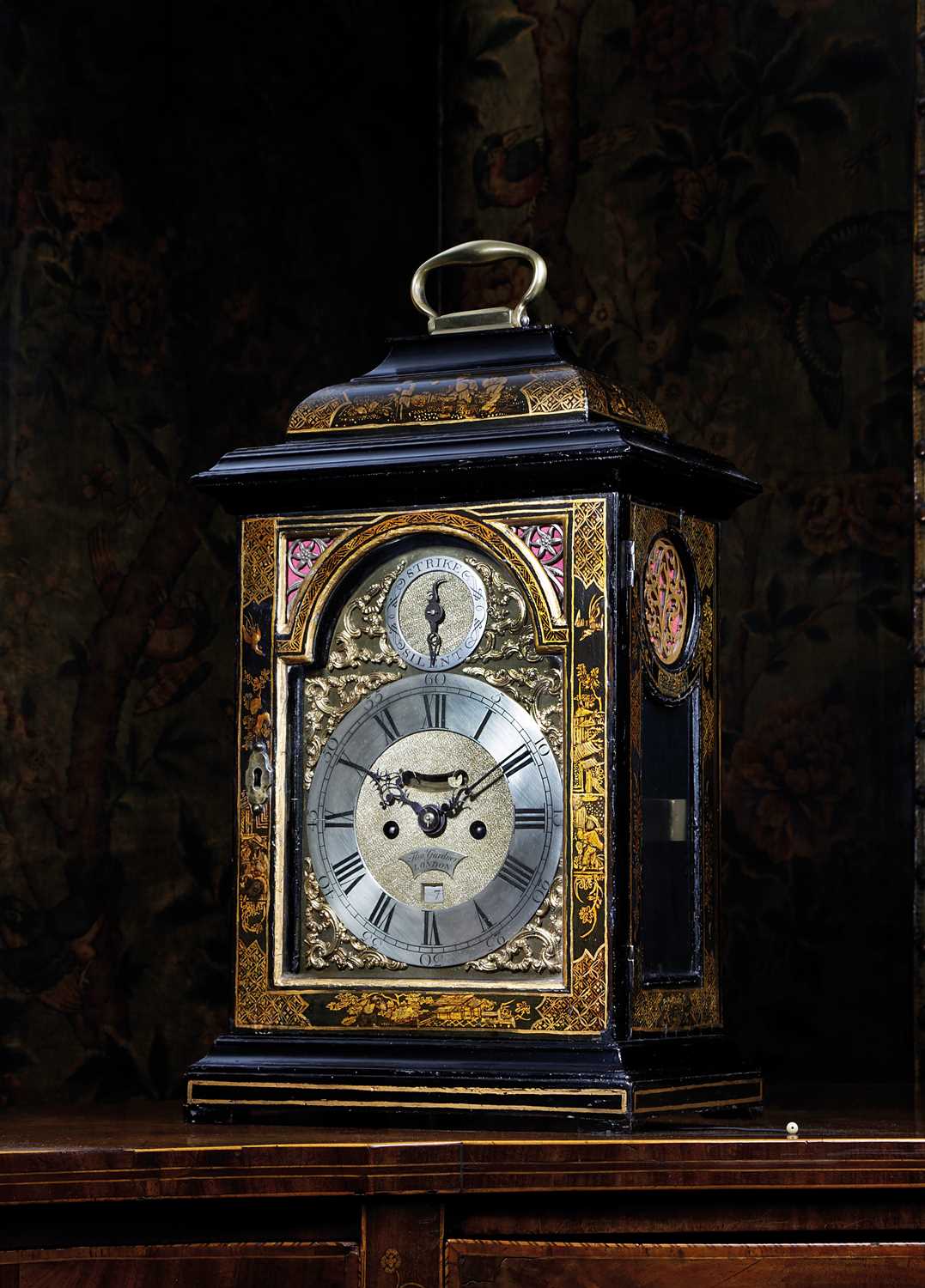 A GEORGE III JAPANNED BRACKET CLOCKTHOMAS GARDNER, LONDON, C. 1760 the brass eight day, twin fusee