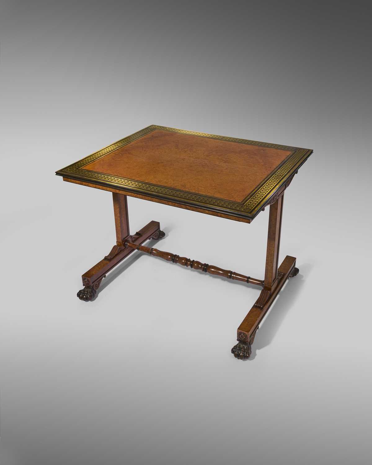 A FINE REGENCY BURR OAK AND BRASS MARQUETRY LIBRARY TABLE ATTRIBUTED TO GEORGE BULLOCK, C.1815 the